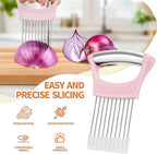 2PCs Stainless Steel Onion Slicer Holder, Onion Cutter Holder for Slicing of Onions,Tomatoes,Avocados,Eggs and Other Vegetables,KItchen Utensils (Pink & Black)