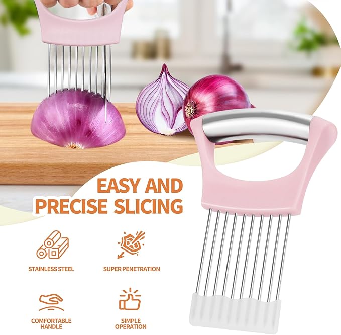 2PCs Stainless Steel Onion Slicer Holder, Onion Cutter Holder for Slicing of Onions,Tomatoes,Avocados,Eggs and Other Vegetables,KItchen Utensils (Pink & Black)
