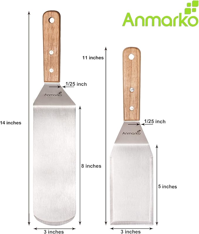 Anmarko Professional Griddle Spatula Set - Stainless Steel Metal Spatula and Griddle Scraper - Heavy Duty Commercial Grade