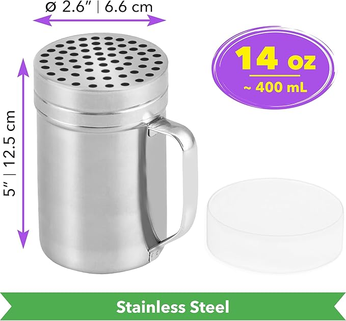 CUSINIUM 14oz Metal Parmesan Cheese Shaker with Large Holes - With Handle - Chili Flakes Dispensers - Pizza Shaker | Style: Coarse