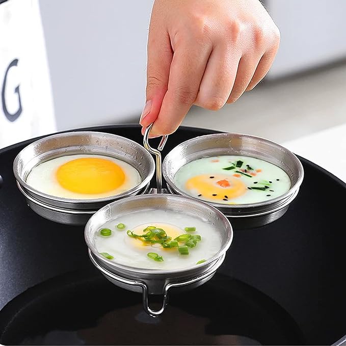 Stainless Steel Egg Poacher - 3 Cup Nonstick Poached Egg Maker with Oil Brush and Spoon for Breakfast