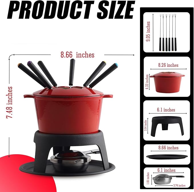 Artestia Cast Iron Cheese Fondue Pot for Chocolate Fondue Pot Swiss Fondue Set for Camping Outdoor with 6 Fondues Forks, 11-Piece Cheese Fondue Sets Serve 6 Persons (Red)