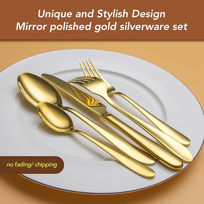 40 Piece Gold Silverware Set Service for 8, EIUBUIE Premium Stainless Steel Gold flatware Cutlery Sets, Mirror Polished Modern Kitchen Eating Utensils Sets Include Spoons Forks Knives