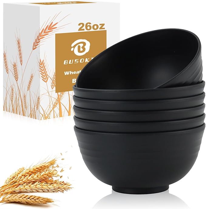 Cereal Bowls - Wheat Straw Bowl Set of 6, 26 OZ Unbreakable Bowls for Kitchen, Alternative to Plastic Bowls Reusable, Microwave Safe Bowl for Soup, Salad, Oatmeal, Snack (Black)