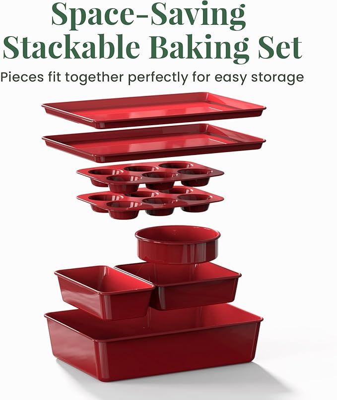 Larder & Vine 8-Piece Bakeware Set | Non-Stick Baking Set with Ceramic Finish | PFAS, PFOA, PTFE, and BPA Free Baking Essentials | Baking Sheets, Muffin Tins and Assorted Baking Pans | Cabernet
