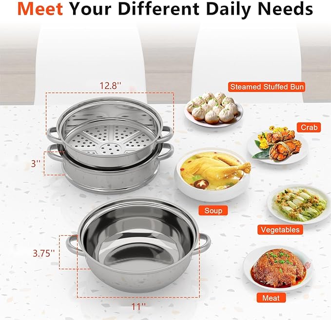 3-Tier Stainless Steel Steamer Pot with Explosion-Proof Glass Lid, 11'' Food Steamer Cooker, Stackable Pan Insert for Induction/Gas/Electric Stoves, 3 Separate Steam Cookware Pot Saucepan