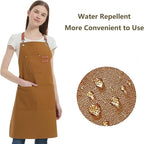AFUN Chef Aprons for Women Men with Large Pockets, Cotton Canvas Cross Back Water Repellent Work Apron, Size M to XXL (Brown)