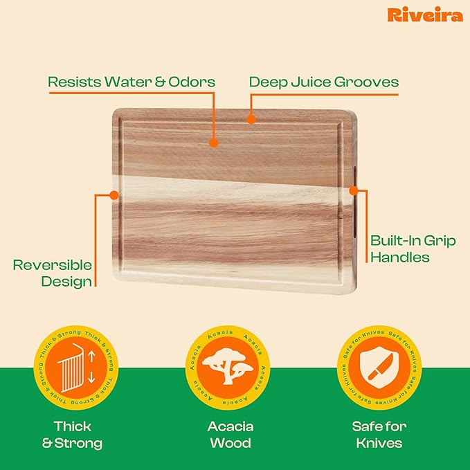Riveira Acacia Wood Cutting Board – Gourmet Acacia Grandeur: 15 x 10 Wooden Cutting Board – Natural Wooden Cutting Boards For Kitchen Decorative – Innovative Juice Grooves Acacia Wooden Chopping Board