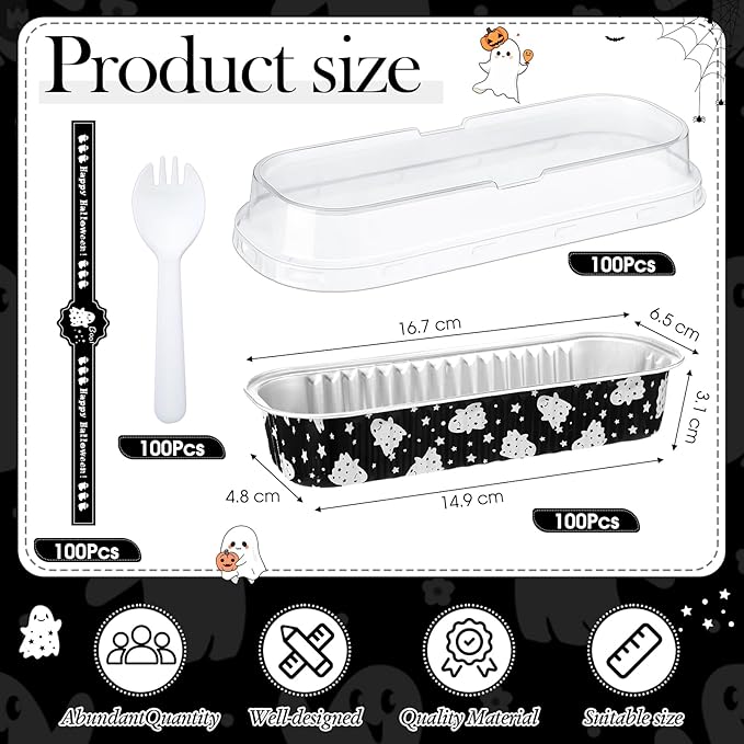 Tioncy 50 Pcs Halloween Mini Black Pink Loaf Pans with Lids Spoons Sticker Star Ghost 6.8oz Disposable Rectangle Aluminum Foil Baking Pans Muffin Cupcake Cups for Picnics Birthday Halloween Party