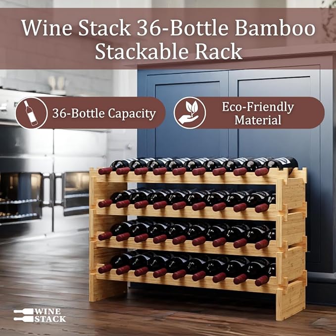 36 Bottle Bamboo Stackable Freestanding Wine Rack, No Tools Assembly, Durable, Wine and Liquor Bottle Storage for Small Spaces