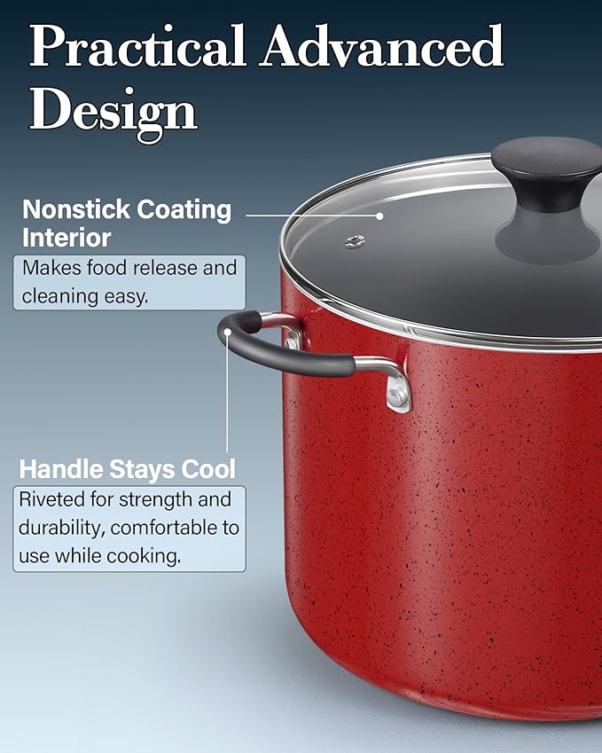 Cook N Home Nonstick Stockpot with Lid 10.5-QT, Professional Deep Cooking Pot Canning Cookware Stock Pot with Glass Lid, Marble Red