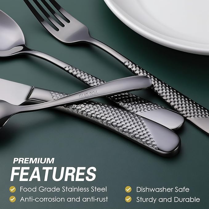 Hammered Black Silverware Set, OGORI 24-Piece 18/10 Stainless Steel Flatware Set, Service of 6