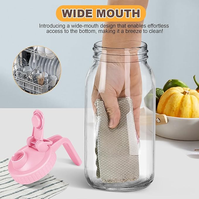 Mason Jar Pitcher, 32 OZ Breast Milk Pitcher Double Leak Proof with Pour Spout Handle, Wide Mouth Iced Tea Pitcher for Fridge, Creamer Container for Coffee, Sun Tea juice (Pink,1 Pack)