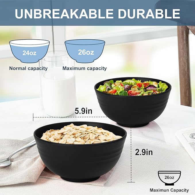 Cereal Bowls - Wheat Straw Bowl Set of 6, 26 OZ Unbreakable Bowls for Kitchen, Alternative to Plastic Bowls Reusable, Microwave Safe Bowl for Soup, Salad, Oatmeal, Snack (Black)