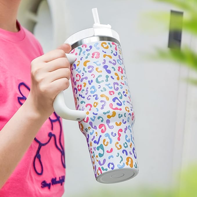 sweet grain 40 oz Tumbler with Handle and Straw, Keeps Drinks Cold Up to 24 Hours Leopard Tumbler, Stainless Steel Vacuum Insulated Travel Mugs for Water, Iced Tea or Coffee(Colorful)