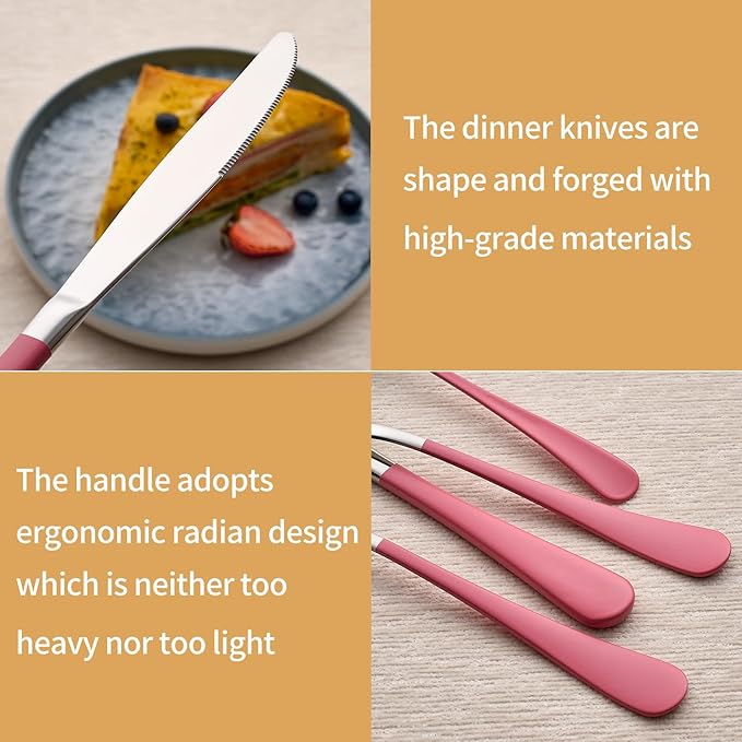 20-Piece Pink Silverware Set 18/0 Stainless Steel Silverware Set Pink Handle Cutlery Set Service for 4 Dinner Knives Forks Spoons Set Flatware Set Finish Dishwasher Safe