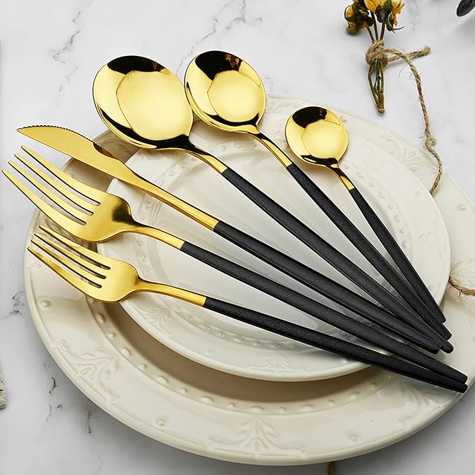 36-Pieces Silverware Mirror Polished Dinnerware Gold Flatware With Black Handle, 18/0 Stainless Steel Cutlery Set For Home Kitchen Party Hotel Restaurant Wedding Service for 6