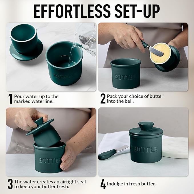 Zulay Kitchen Porcelain Butter Crock With Lid & Knife - Authentic French Butter Dish For Fresh & Spreadable Butter - Forest Green