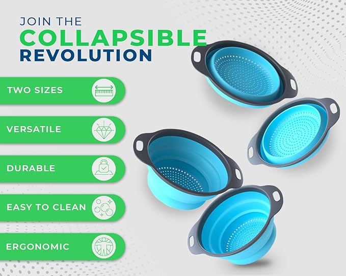 Ultimate Kitchen Strainers Set of 2 - Collapsible Silicone Colanders For Easy Storage by Comfify - Use with Pasta & Veggies or as a Fruit or Berry Bowl with Strainer - Irreplaceable for Campers - Blue