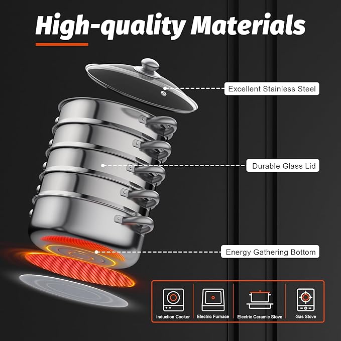 5-Tier Stainless Steel Steamer Cookware Pot with Kitchen Steaming Cookware with Lid Gas Electric Stove Steamer Pot for Kitchen, Home, And Commercial Use