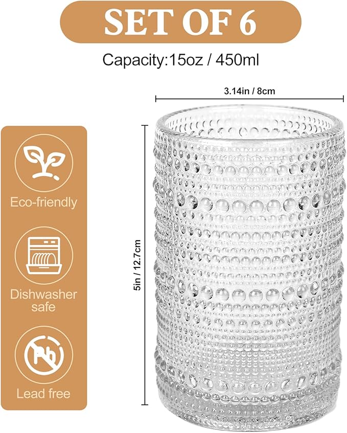 Vintage Glassware Drinking Glasses Set of 6,15 oz Hobnail Glass Cups,Embossed Clear Water Tumbler,for Beer,Cocktail,Whiskey,Juice and Various Mixed Drinks- 1 Cleaning Brush