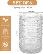 Vintage Glassware Drinking Glasses Set of 6,15 oz Hobnail Glass Cups,Embossed Clear Water Tumbler,for Beer,Cocktail,Whiskey,Juice and Various Mixed Drinks- 1 Cleaning Brush