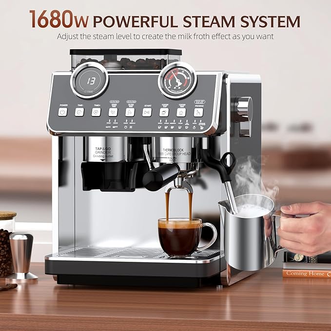 Espresso Machine with Grinder, 20 Bar Pressure Professional Coffee Maker with 30 Grinding Settings, 58mm Portafilte, Anti-scalding Milk Frother Steam Wand for Latte (IronGrey)