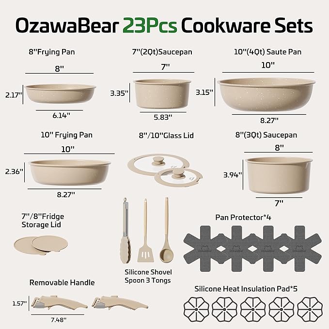 23 Pcs Pots and Pans Set Non Stick, Ceramic Cookware Set Non Toxic with Detachable Handles, Healthy Induction Cookware Oven Safe RV Kitchen Set, PFAS PFOA & PTFE Free, Taupe