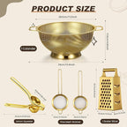 Sawysine 5 Pcs Gold Kitchen Appliances Includes 5 Quart Gold Colander and 2 Pcs Strainer Set, Lemon Squeezer, Stainless Steel 4 Sides Grater Slicer with Handle for Kitchen