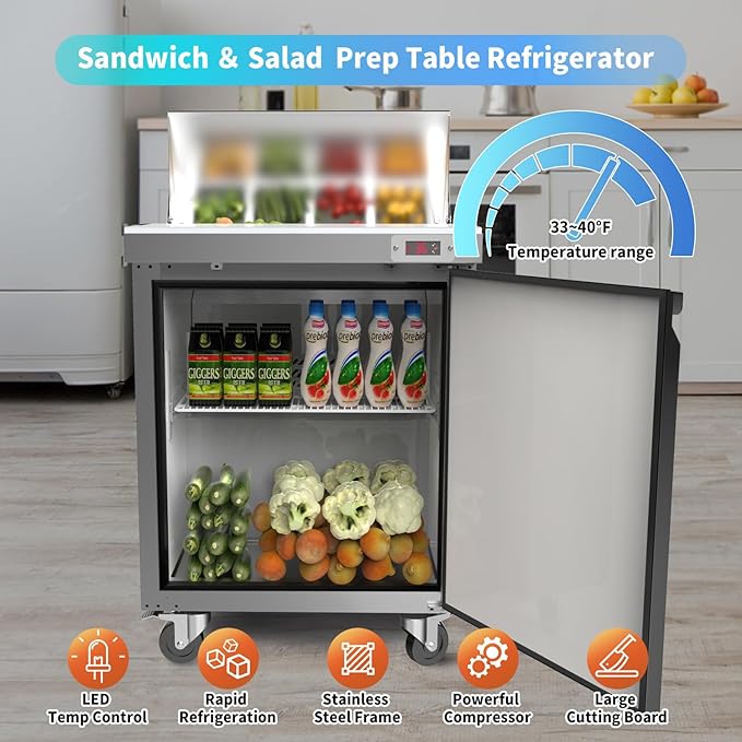 29" W Commercial Refrigerator Sandwich Salad Prep Table Refrigerator Stainless Steel with 8 Pans, Kitchen Equipment for Restaurant, Bar, Shop, Buffet, etc, ETL/NSF/DOE Approved