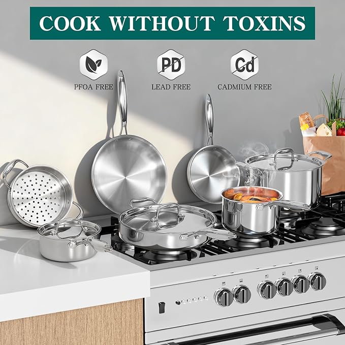 EWFEN Pots and Pans Set, 3 Ply 11 Piece Stainless Steel Cookware Set, Oven Dishwasher Safe | Induction Compatible Frying Pans, Saucepans, Saute Pan & Stock Pot, PFOA Free Kitchen Skillet