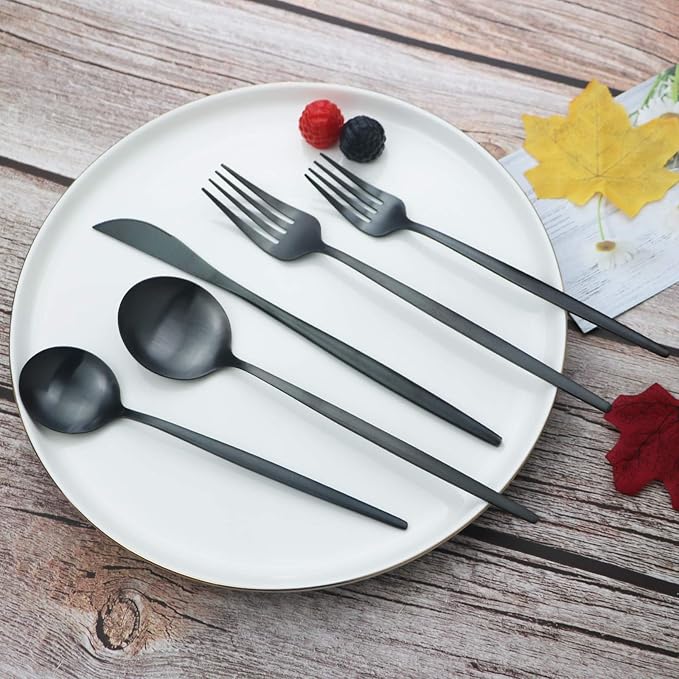 JASHII Silverware Set, 36 Piece Food Grade Stainless Steel Flatware Set Fork Spoon Knife Utensils for Daily Use and Party, Service for 6 Anti Rust, Safe in Dishwasher (Matte Black)