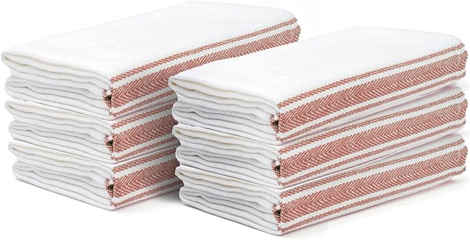 Salt Earth Kitchen Towels Cotton Dish Towel Size 24x14 Inches Set of 6 100% Ring Spun Cotton Absorbent Quick Dry Herringbone Weave Lint Free Washable Dishcloth Hanging Loop Color White & Red Stripe