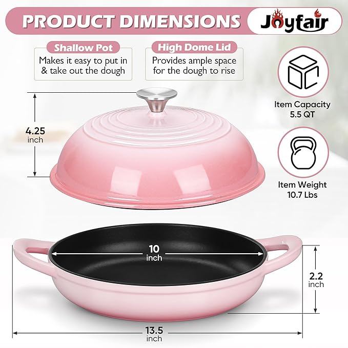 Bread Oven for Sourdough (5.5 QT), Joyfair Enamaled Cast Iron Bread Dutch Oven with Lid, Sourdough Bread Baking Pan with Heavy Duty Dual Handles, Non-Stick & Even Cooking, Oven-safe up to 500°F, Pink