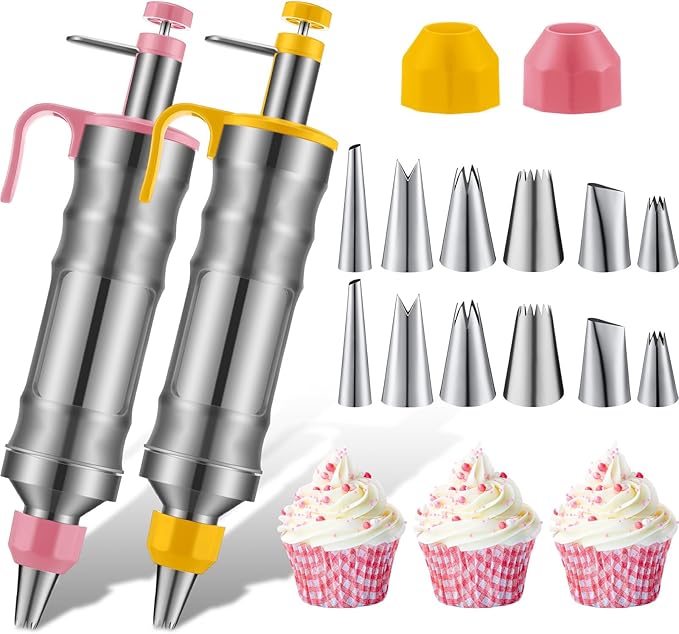 Uiifan 2 Sets Icing Decoration Gun Set Dessert Decorating Decorator Syringe Cake Decorating Tool and 12 Pcs Russian Piping Icing Nozzles Cupcake Filling Injector Cake Tool for Baking(Pink, Yellow)