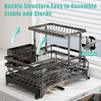 2 Tier Dish Drying Rack - Large Extendable Dish Rack, 2-in-1 Anti-Rust Stainless Steel Dishrack for Kitchen Counter and Sink, Dish Strainer with Utensil Holder & Cup Holder(Black)