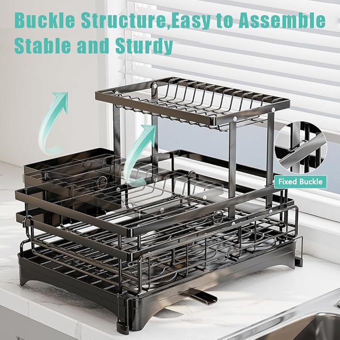 2 Tier Dish Drying Rack - Large Extendable Dish Rack, 2-in-1 Anti-Rust Stainless Steel Dishrack for Kitchen Counter and Sink, Dish Strainer with Utensil Holder & Cup Holder(Black)