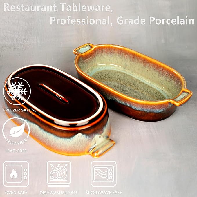 7"x4" Oval Casserole Dish Set of 2, 15.2 oz Ceramic Au gratin Baking Dish, Baking Pan with Handles or for mixing, salad, pasta plate, Best gift for those who love baking, Microwave, Oven safe
