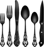 48 Pieces Black Silverware Set for 8, Retro Royal Flatware Set with Steak Knives, Gorgeous Stainless Steel Cutlery Utensil Set Include Forks Spoons and Knives, Mirror Finish,Dishwasher Safe