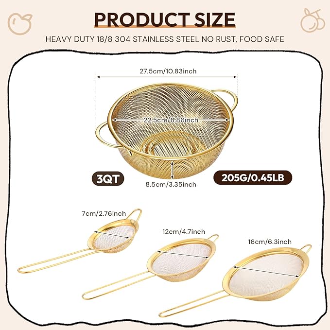 Baderke 1 Pcs 3 Quart Stainless Steel Gold Colander and 3 Pcs Fine Mesh Strainer with Handles Gold Kitchen Accessories for Kitchen Draining Rinsing Serving Food Pasta Rice Vegetables
