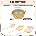 Baderke 1 Pcs 3 Quart Stainless Steel Gold Colander and 3 Pcs Fine Mesh Strainer with Handles Gold Kitchen Accessories for Kitchen Draining Rinsing Serving Food Pasta Rice Vegetables