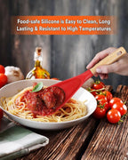 Cooking Spoon for Nonstick Cookwares, Great for Cooking and Serving Sturdy BPA-Free Matte Silicone, Wood Handle Spoon for Mixing, Scoop, and Scrape (RED)