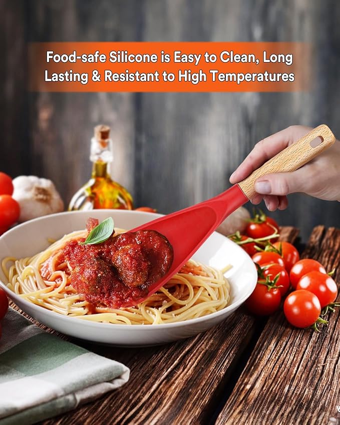 Cooking Spoon for Nonstick Cookwares, Great for Cooking and Serving Sturdy BPA-Free Matte Silicone, Wood Handle Spoon for Mixing, Scoop, and Scrape (RED)