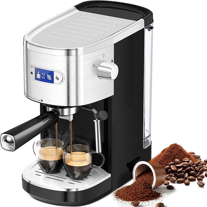 Espresso Machine 20 Bar, Professional Stainless Steel Coffee Maker with LCD Display, Steam Wand, 45oz Removable Water Tank, for Espresso, Cappuccino, Latte at Home or Office, Black
