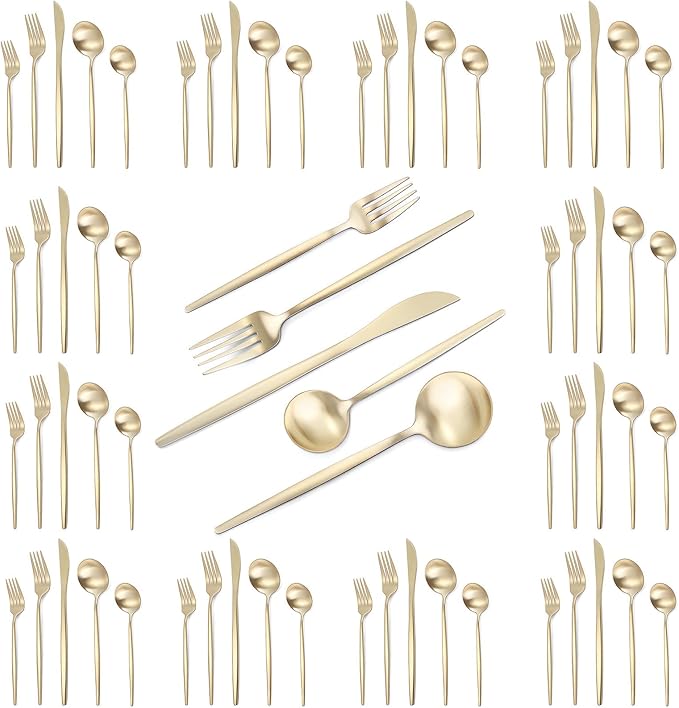 Champagne Gold Silverware Set, 60-Piece Stainless Steel Flatware set,Matte Silverware Sets Service for 12, Tableware Cutlery Satin Finish Utensils for Kitchen,Dishwasher Safe