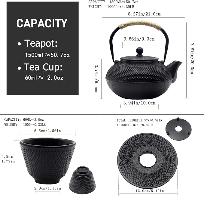 Big Cast Iron Teapot, Japanese Tetsubin Tea Kettle for Stovetop Safe, Cast Iron Teapot with Stainless Steel Infuser for Loose Tea and a Fully Enameled Interior (1500ml Tea Set with Cups)