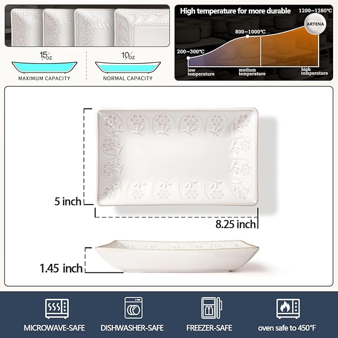 Artena Ceramic 8.25 Inch Rectangle Salad Plates Set of 4 - Deep Plates for Appetizer, Dessert, Dinner, Sushi, Snack, Pasta, Serving - Microwave Safe with Embossed Rim Design (Pinwheel Flower)
