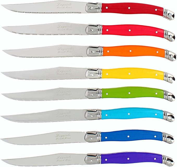 French Home Laguiole 8-Piece Steak Knife Set – Sophisticated Stainless Steel Dinner Knives with Rainbow Handles & Iconic Bee Emblem – Serrated Knives for Smooth Cutting (9.25")