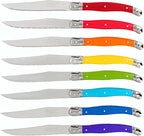 French Home Laguiole 8-Piece Steak Knife Set – Sophisticated Stainless Steel Dinner Knives with Rainbow Handles & Iconic Bee Emblem – Serrated Knives for Smooth Cutting (9.25")