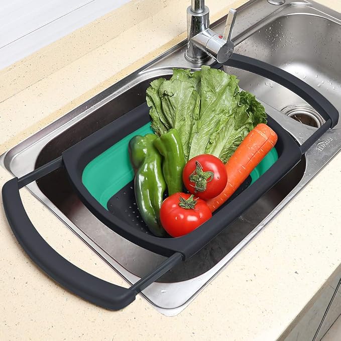 Qimh Colander collapsible, Colander Strainer Over The Sink Vegetable/Fruit Colanders Strainers With Extendable Handles, Folding Strainer for Kitchen,6 Quart